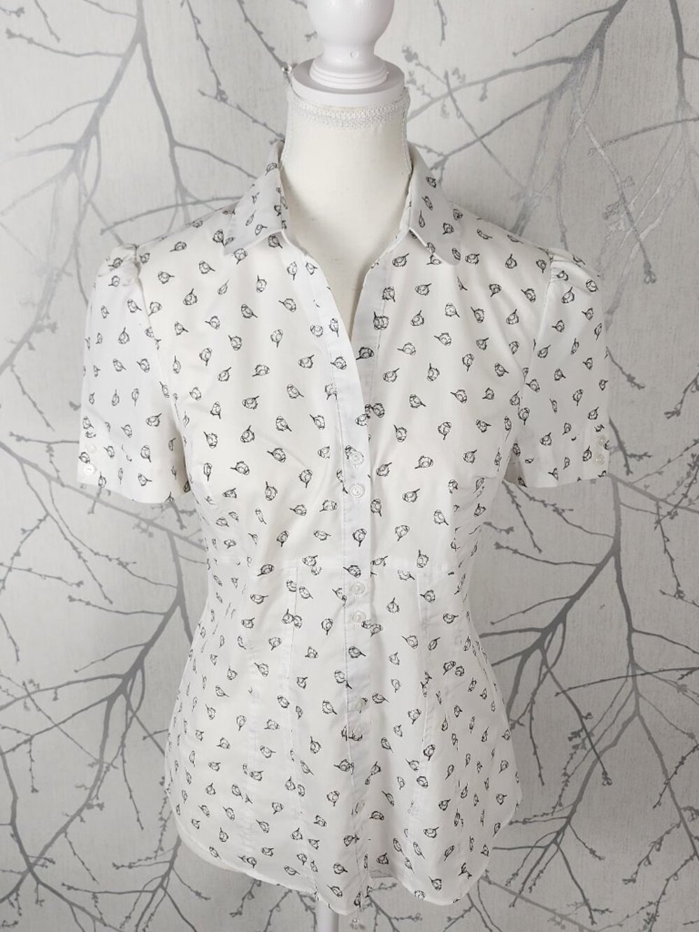 Atmosphere White Sparrows Birds Printed Button Front Blouse